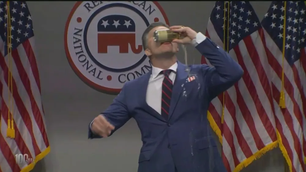 Pete Hegseth Chugs Spider-Man Non-Alcoholic Beer in SNL Cold Open
