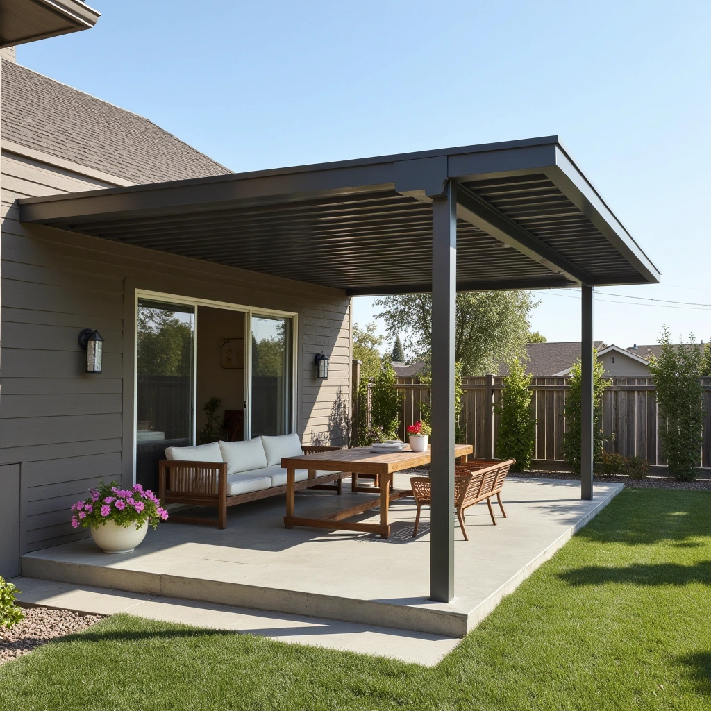 2. Sleek Metal Canopy with Minimalist Furniture