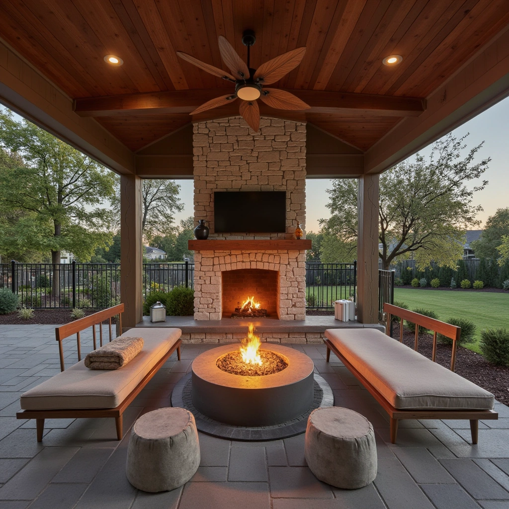 3. Cozy Covered Patio with Built-in Fire Pit