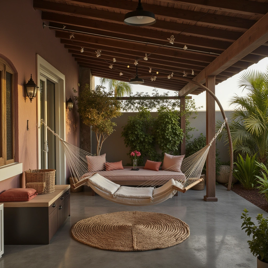7. Relaxing Covered Patio with Hammock and Soft Lighting