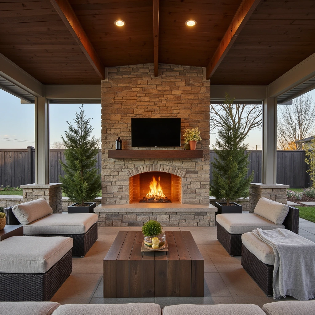 15. Covered Patio with Outdoor Fireplace for Cozy Evenings