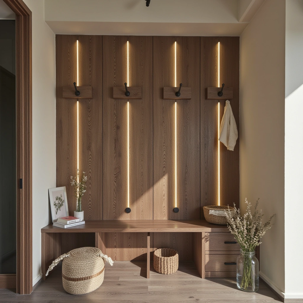 8. Wooden Wall Panels with Hooks: Warmth and Structure