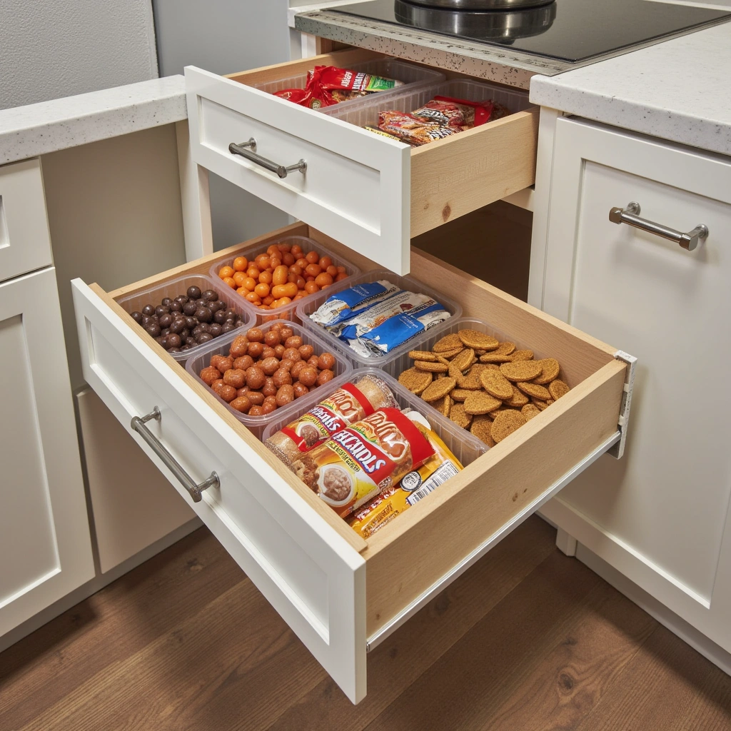 12. Snack Drawer with Clear Bins and Labels
