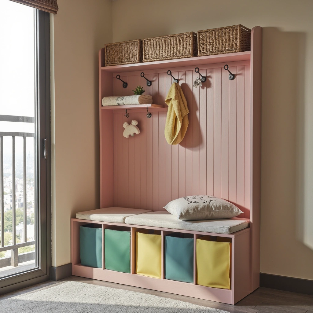 12. Kids&rsquo; Hall Tree with Colorful Hooks and Storage