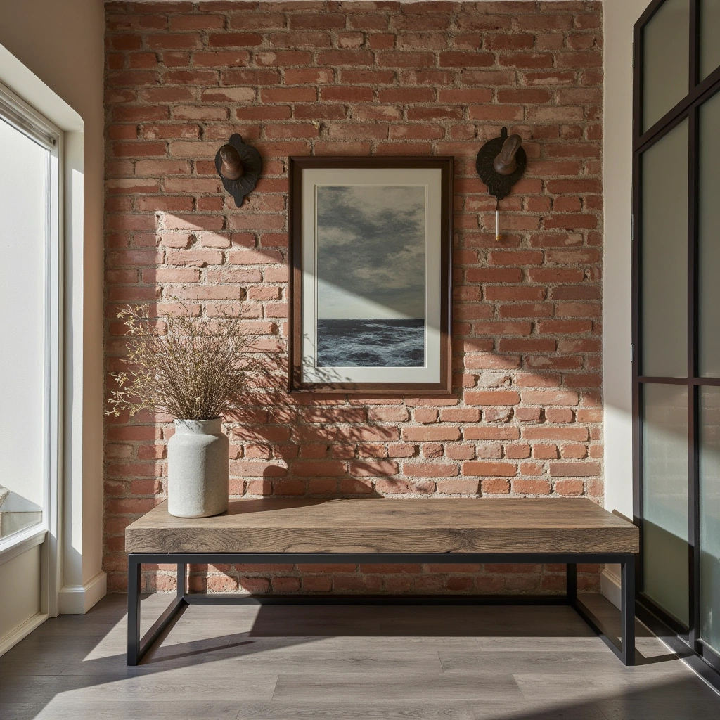 8. Exposed Brick Accent Wall with Industrial Bench