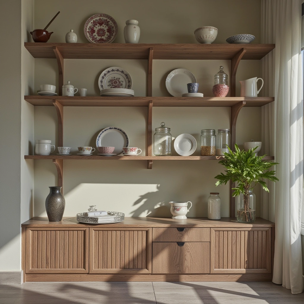 11. Open Shelving with Vintage Crockery: Display with Charm
