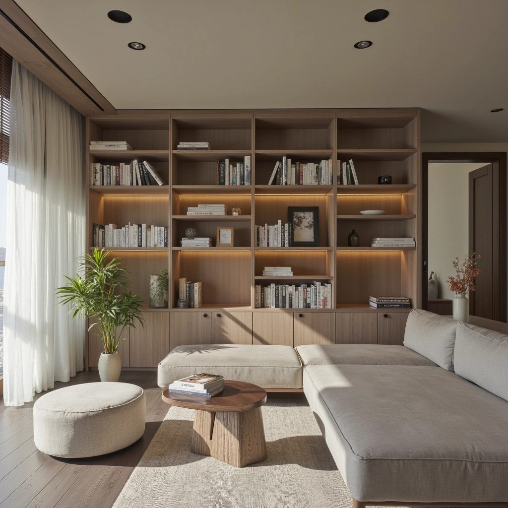 2. Minimalist Library with Neutral Tones and Sleek Lines