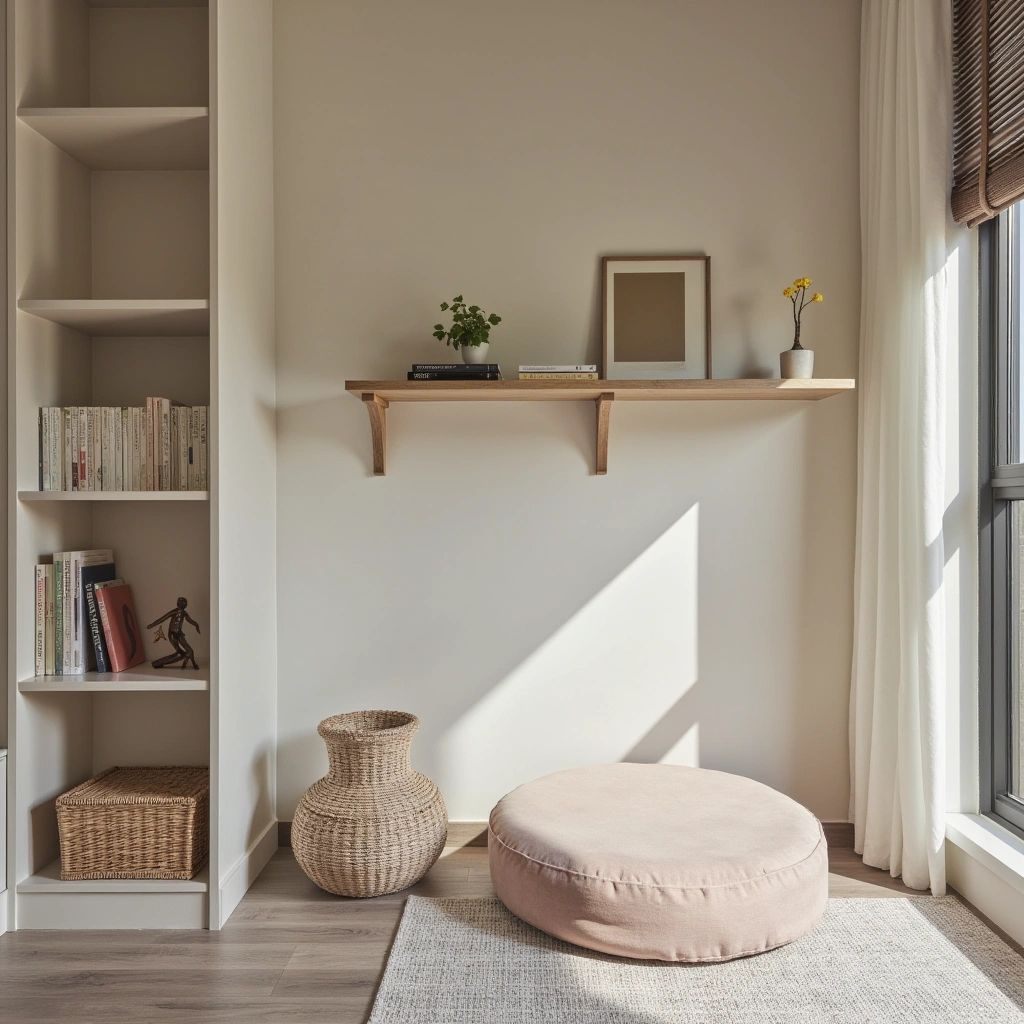 5. Minimalist Floating Shelves and Floor Cushion