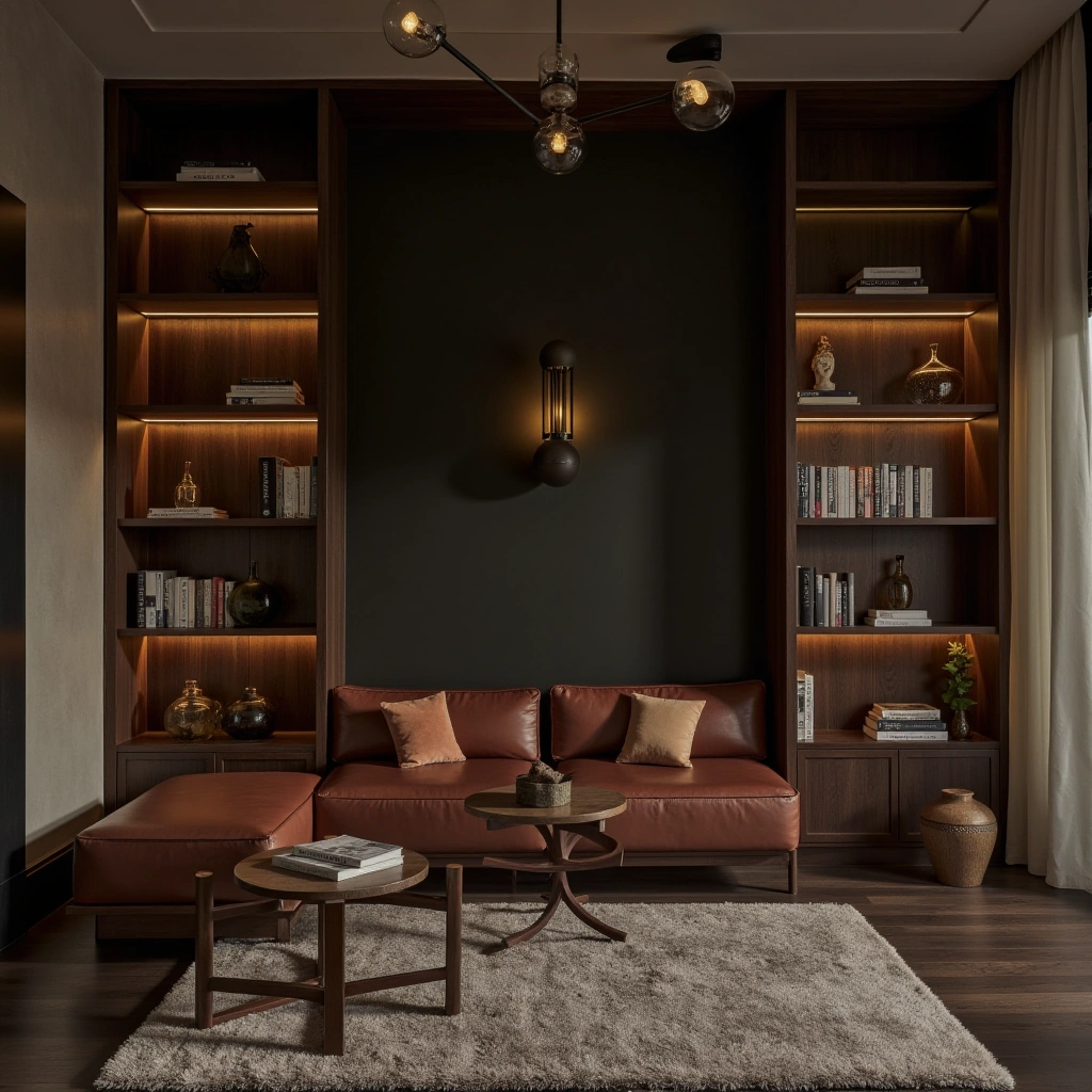 13. Luxury Library Nook with Leather Sofa and Ambient Lighting