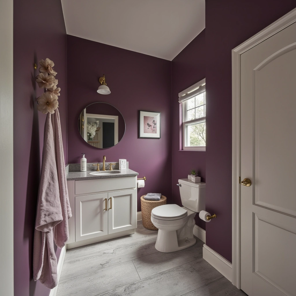 2. Dark Purple Accent Wall with Neutral Fixtures