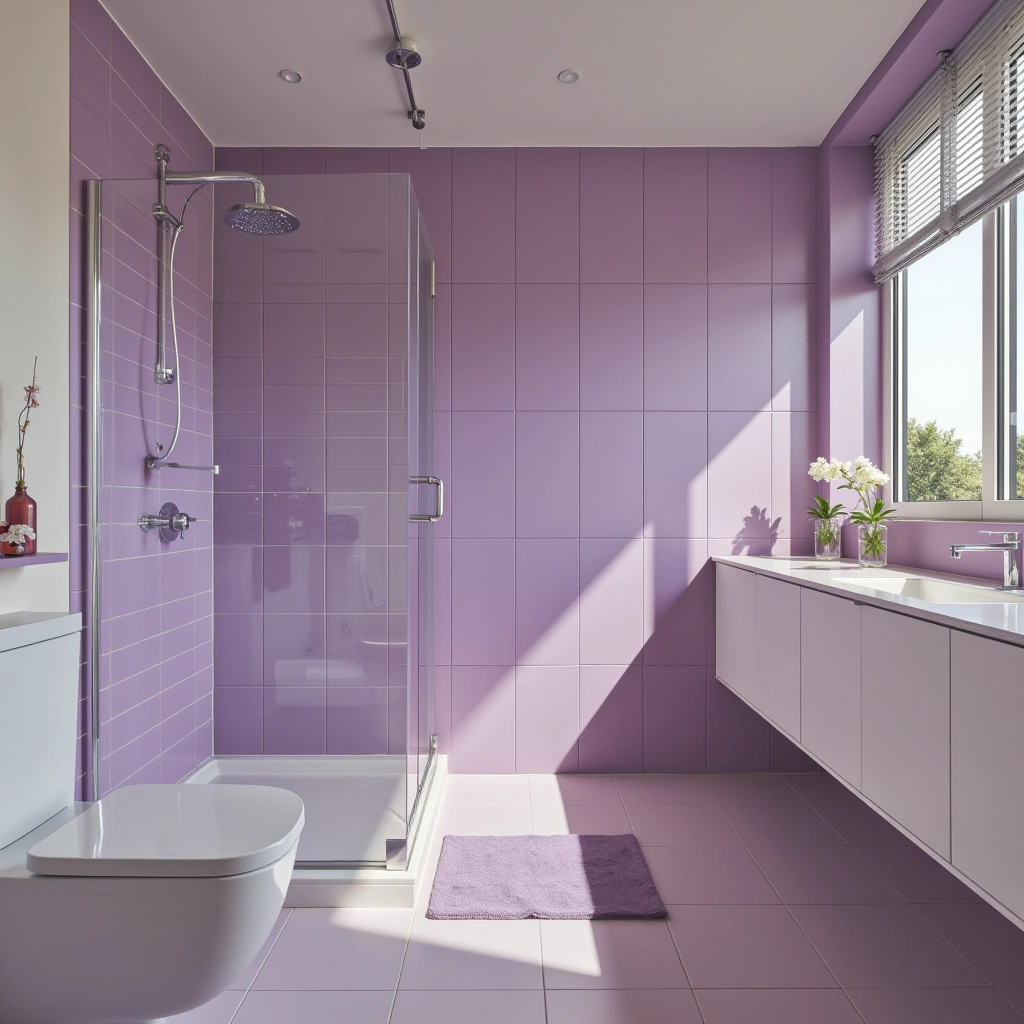 1. Violet and White Tiled Bathroom