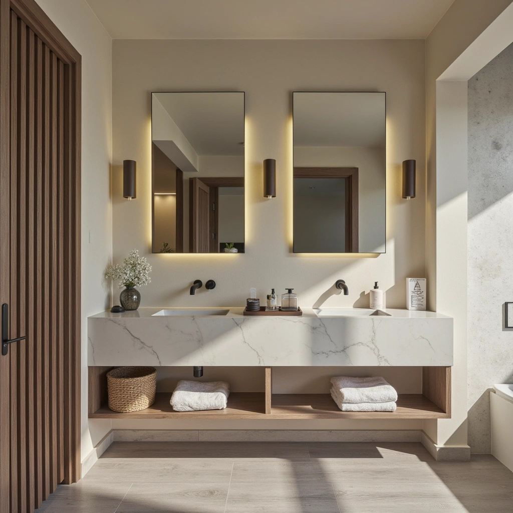 Neutral Bathroom with a Focus on Mirrors