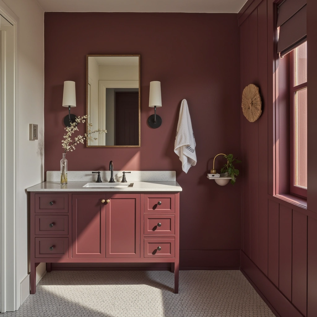 3. Burgundy Vanity and Fixtures