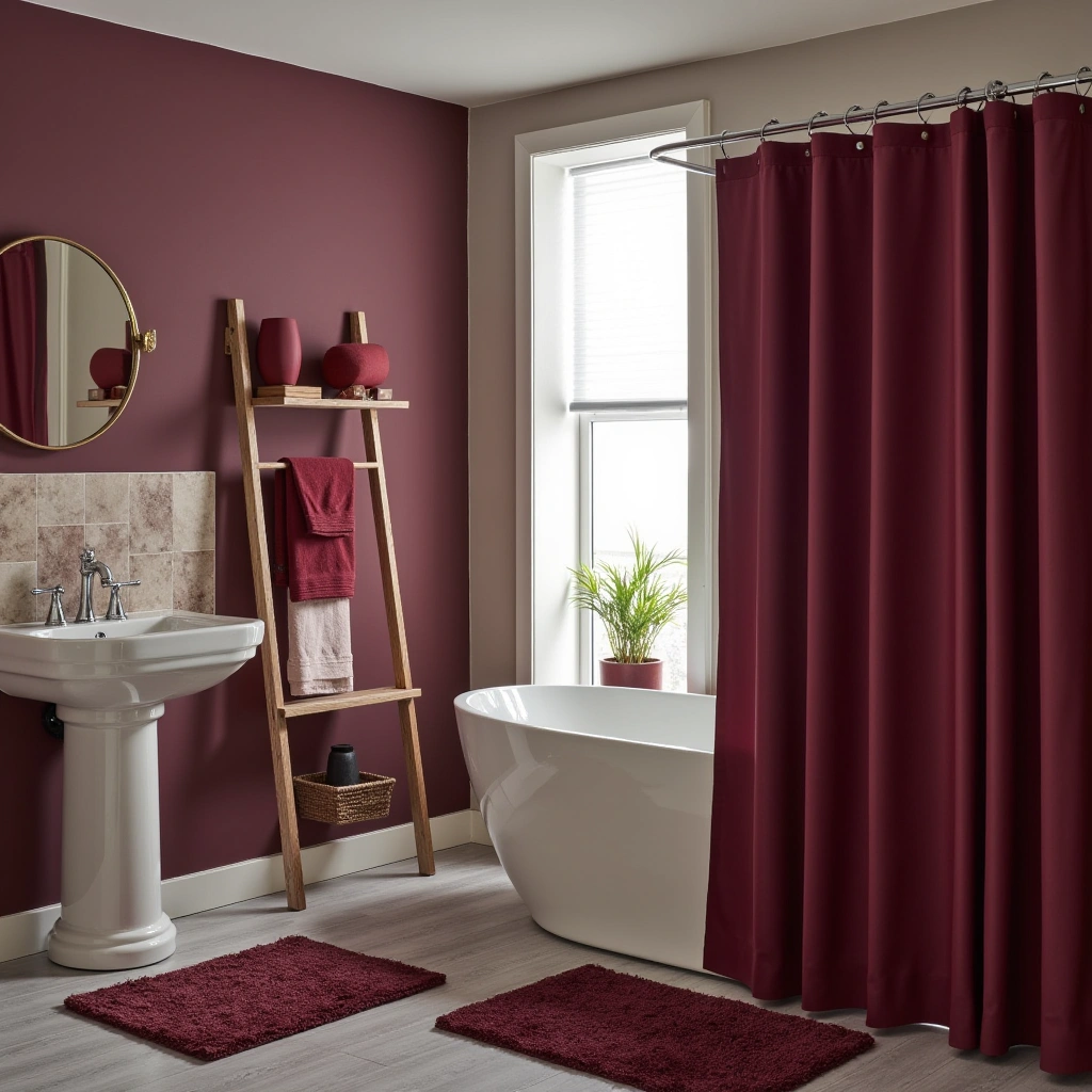 4. Burgundy Shower Curtain and Accessories