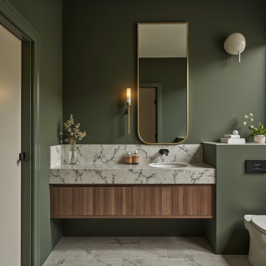 1. Classic Olive Green Bathroom with Marble Accents