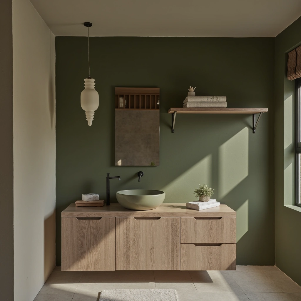 2. Contemporary Olive Green Bathroom with Floating Shelves