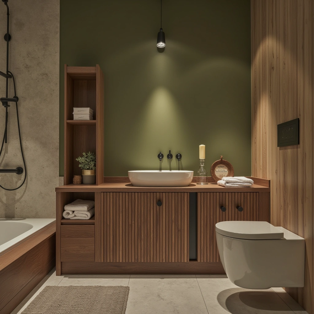 3. Rustic Olive Green Bathroom with Wooden Accents