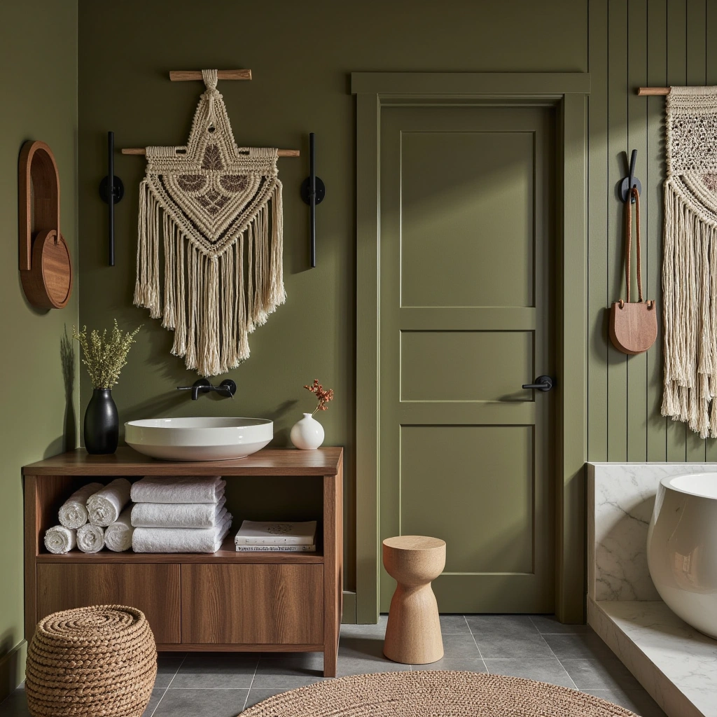 5. Bohemian Olive Green Bathroom with Macrame Accents