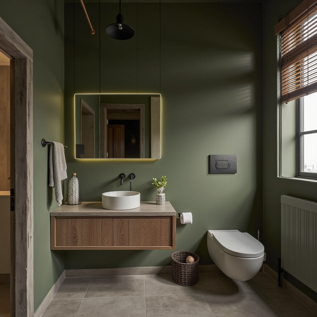 6. Industrial Olive Green Bathroom with Exposed Brick