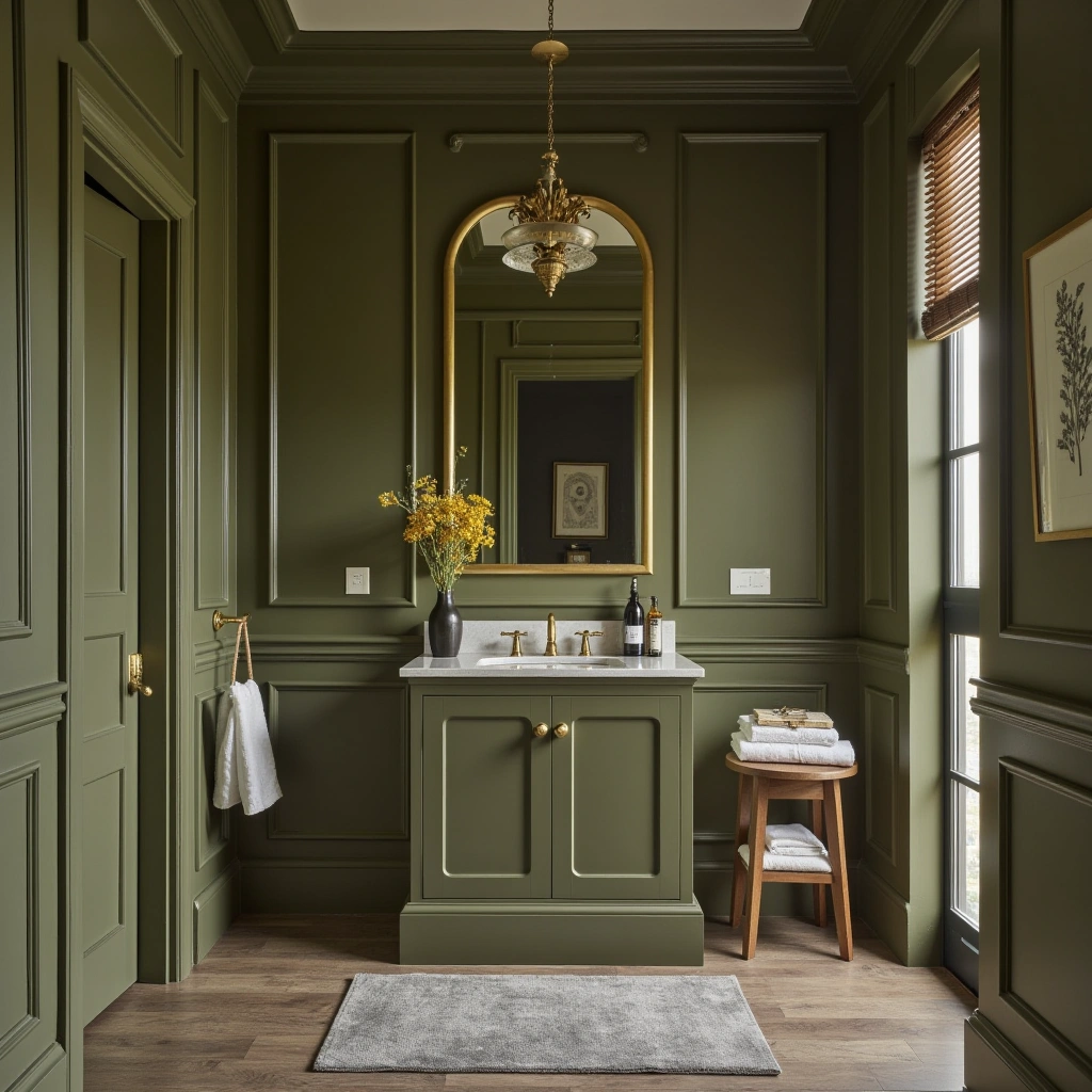7. Traditional Olive Green Bathroom with Gold Accents