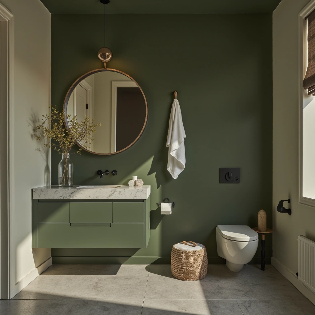 9. Monochromatic Olive Green Bathroom