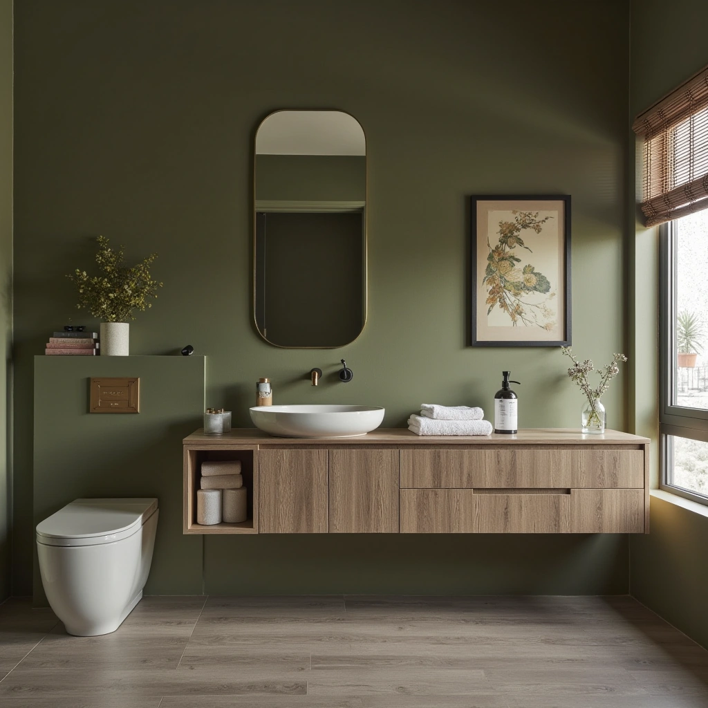 10. Olive Green Bathroom with a Statement Wall