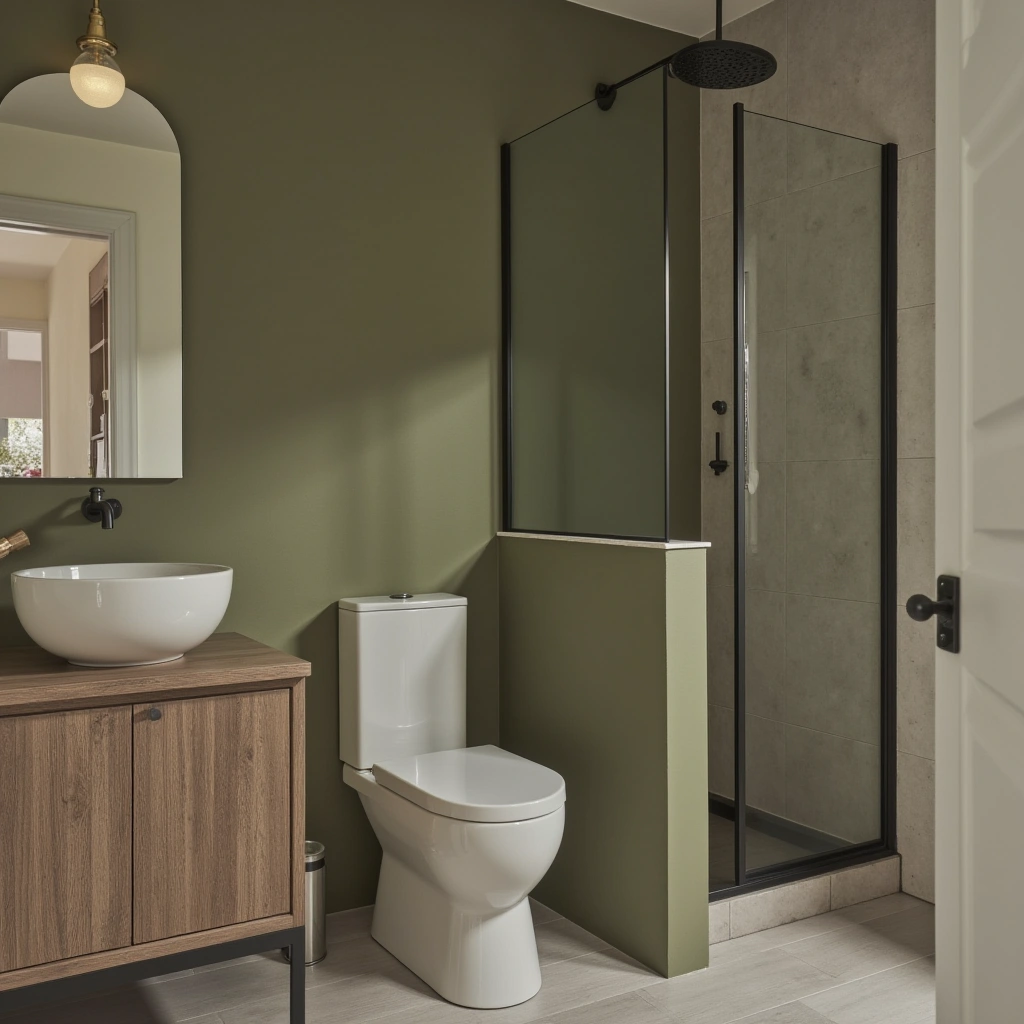 11. Olive Green Bathroom with a Shower Nook