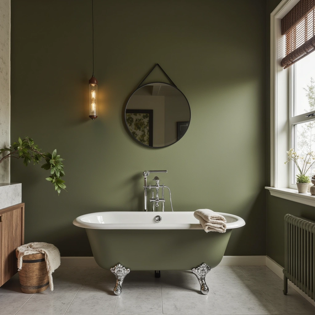 12. Olive Green Bathroom with a Freestanding Tub