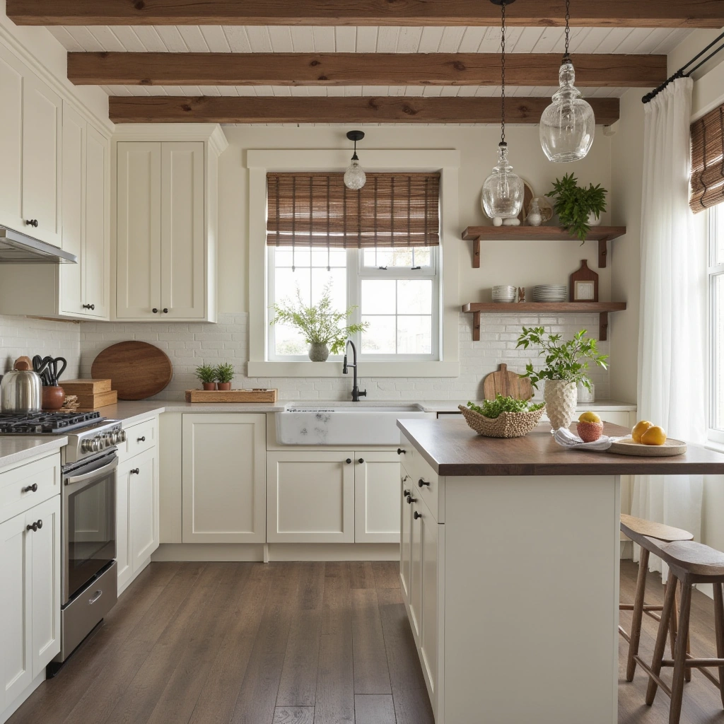 White Farmhouse Kitchen with Rustic Wooden Accents