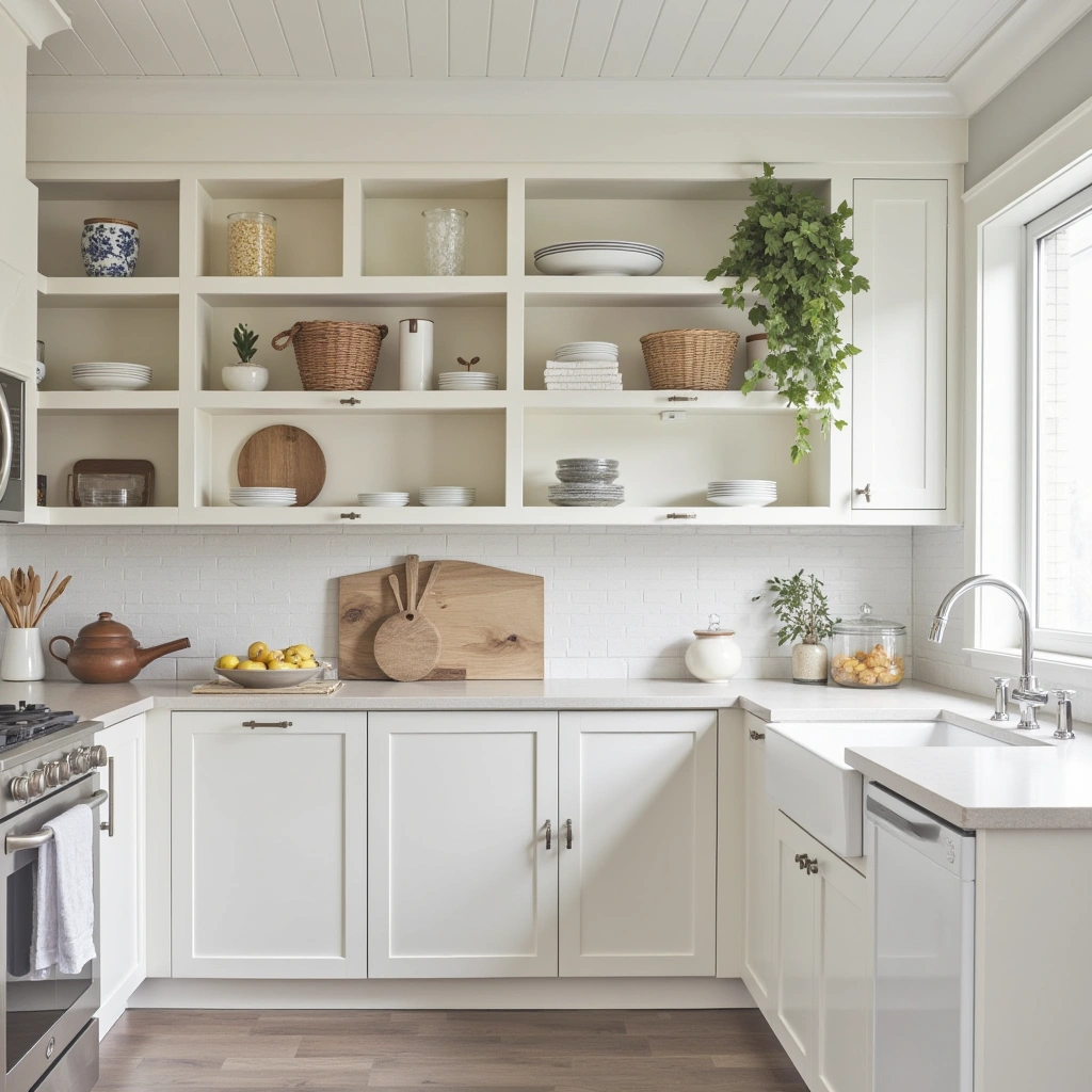 White Farmhouse Kitchen with Open Shelving