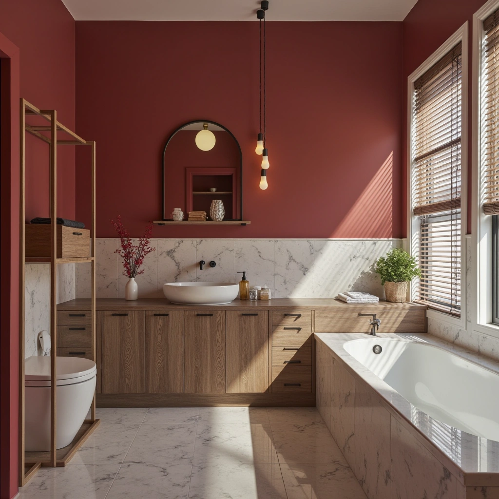 Classic Red and White Bathroom with Marble Accents