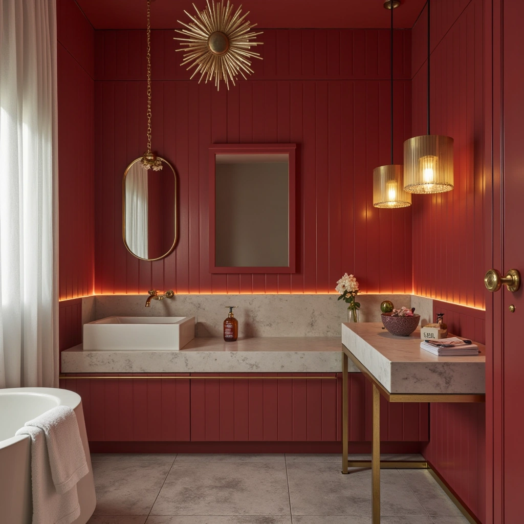 Vintage Red and White Bathroom with Gold Accents