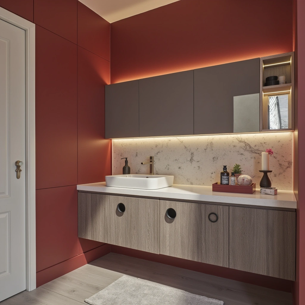 Minimalist Red and White Bathroom with Gray Accents