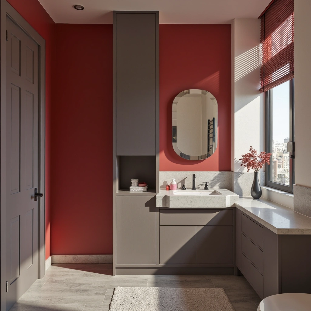Monochromatic Red and White Bathroom with Gray Accents