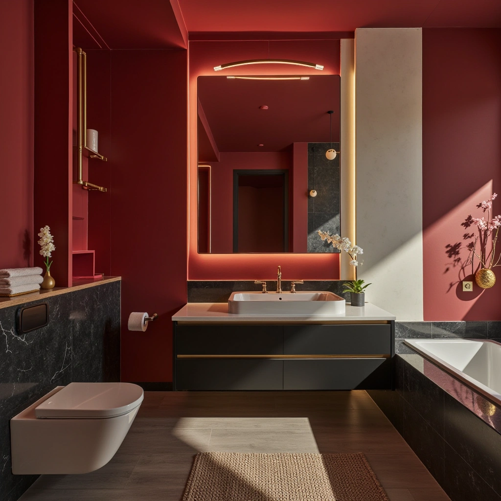 Bold Red and White Bathroom with Black and Gold Accents