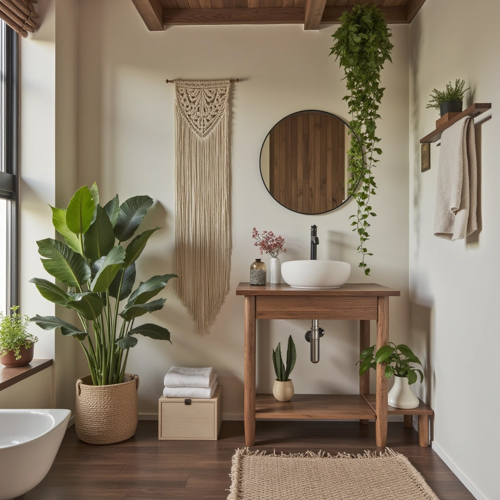 Boho Half Bathroom with Macrame and Plants