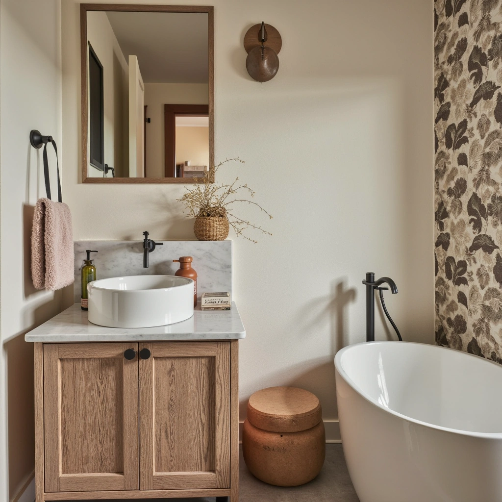 Boho Half Bathroom with Natural Fiber Textiles