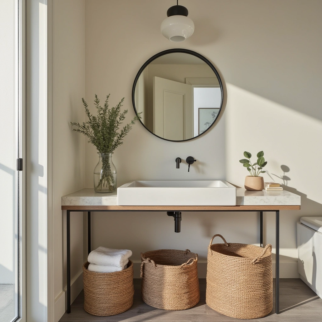 Boho Half Bathroom with Woven Baskets