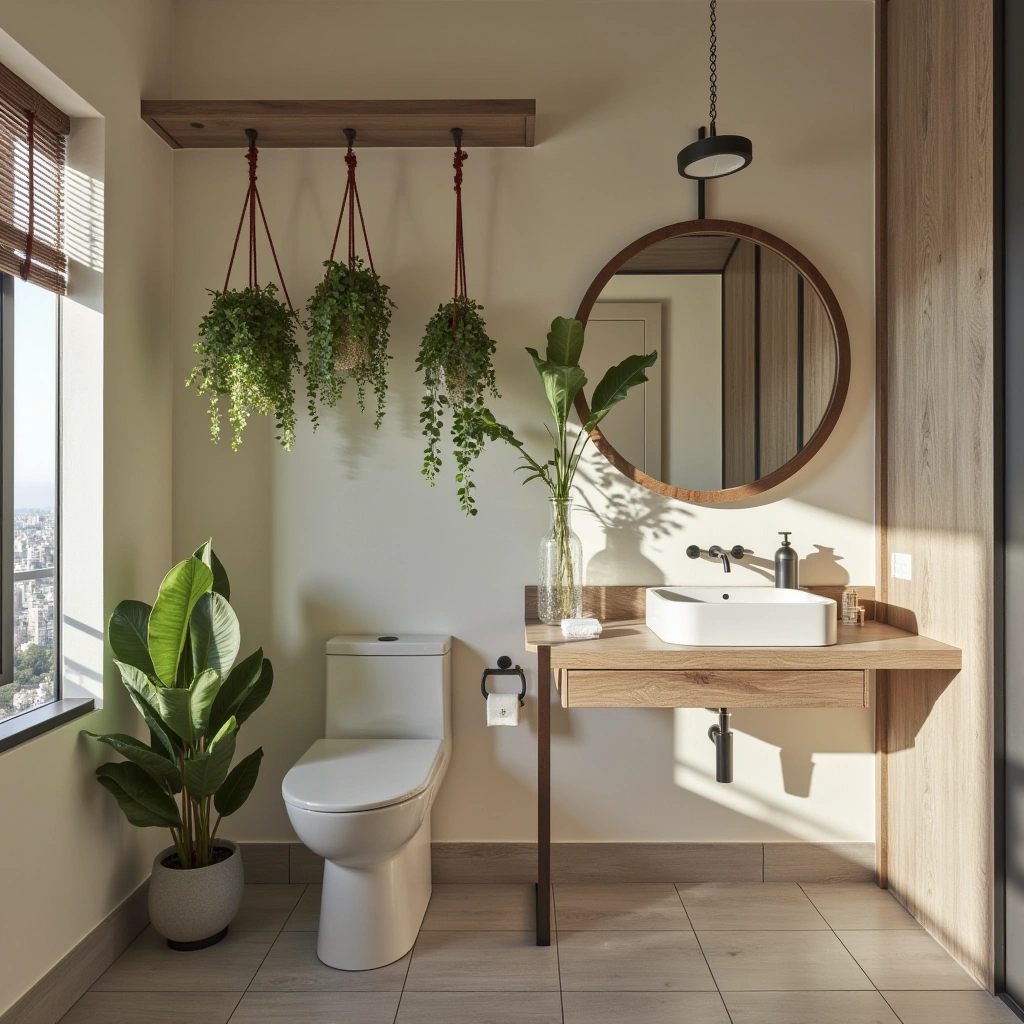 Boho Half Bathroom with Hanging Plants