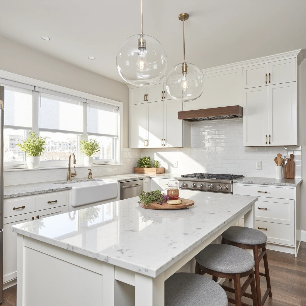 White Farmhouse Kitchen with a White Granite Countertop