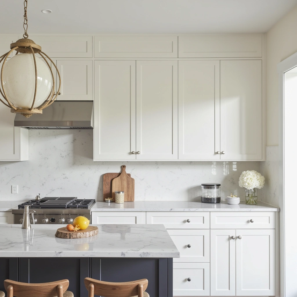 White Farmhouse Kitchen with a White Quartz Countertop
