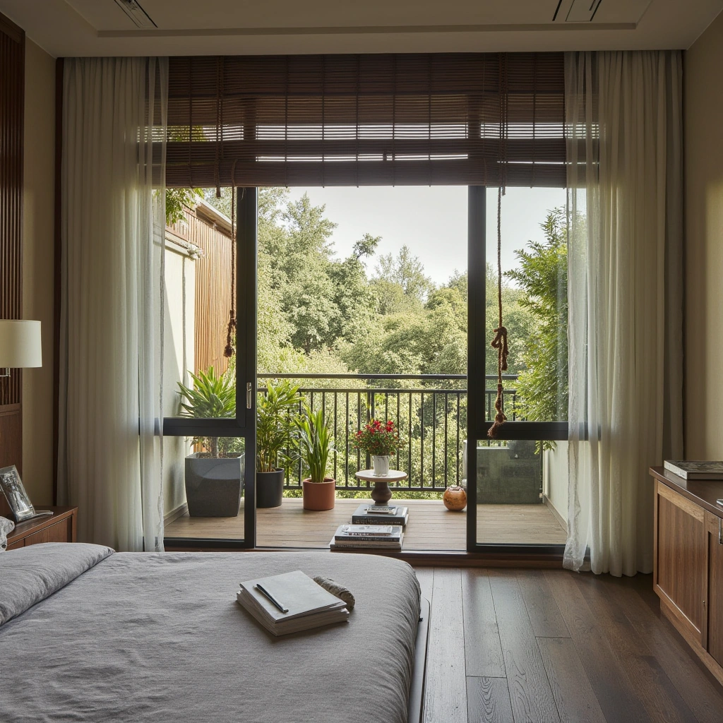 Bedroom with a Window and a Garden View