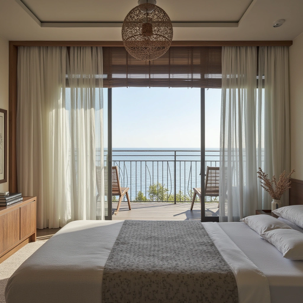 Bedroom with a Window and a Beach View