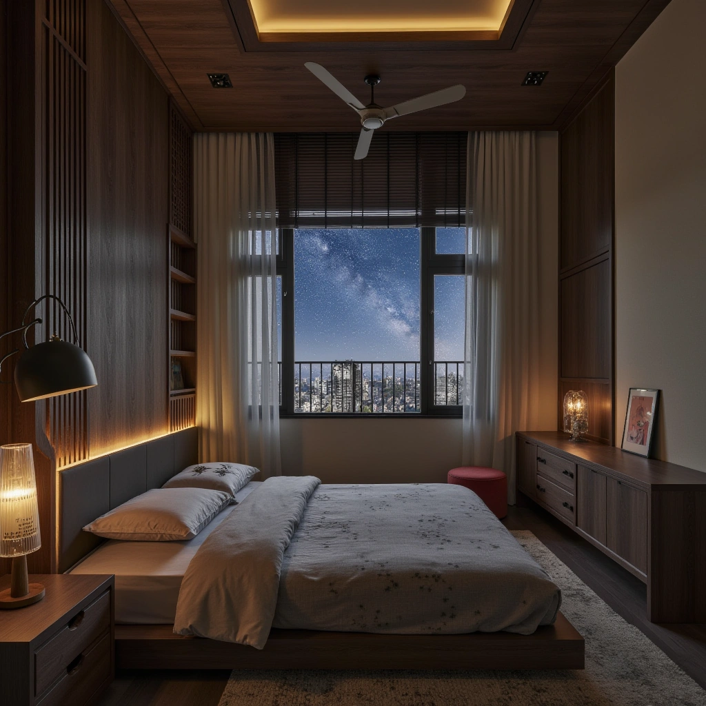 Bedroom with a Window and a Starry Night View