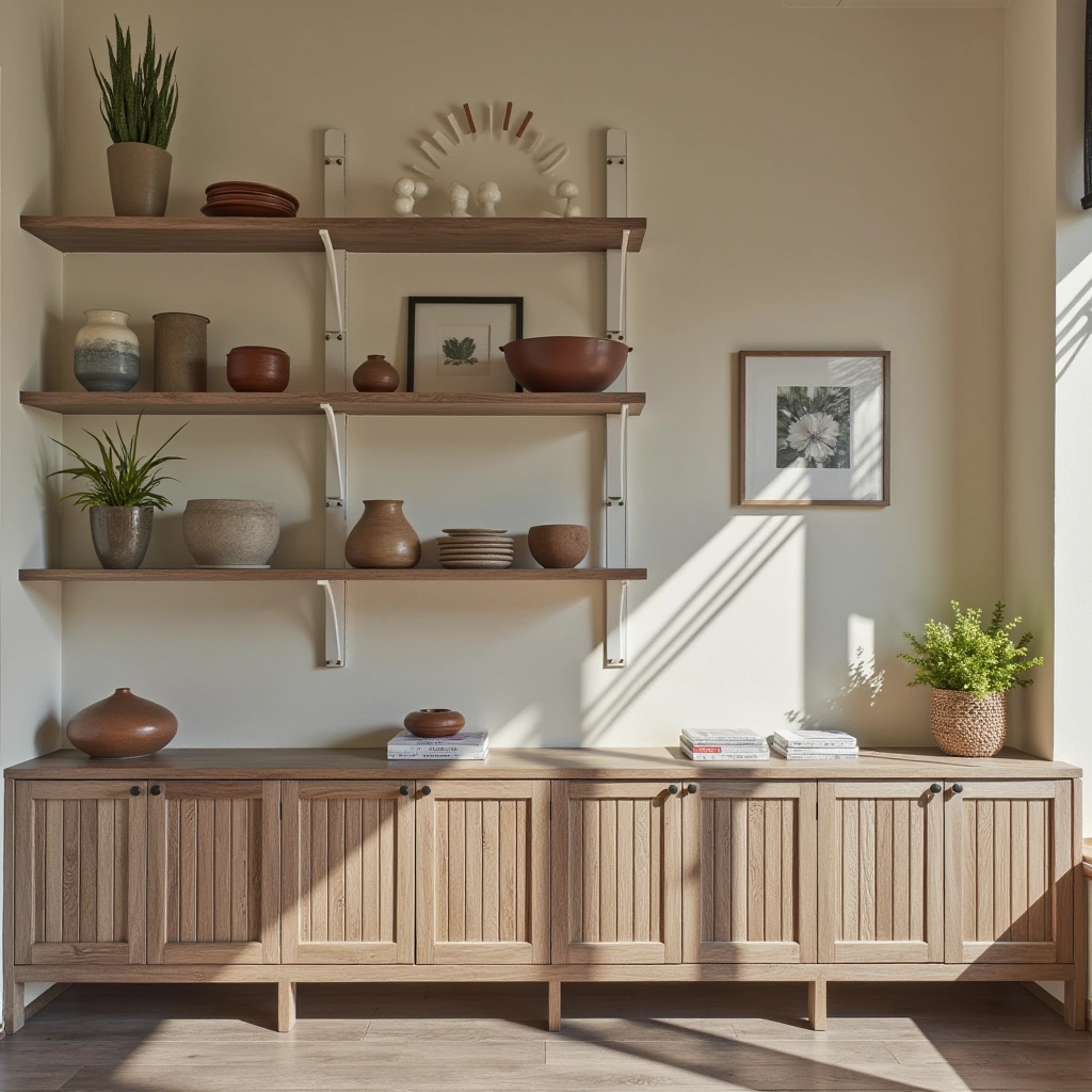 7. Open Shelving with Handmade Pottery and Books