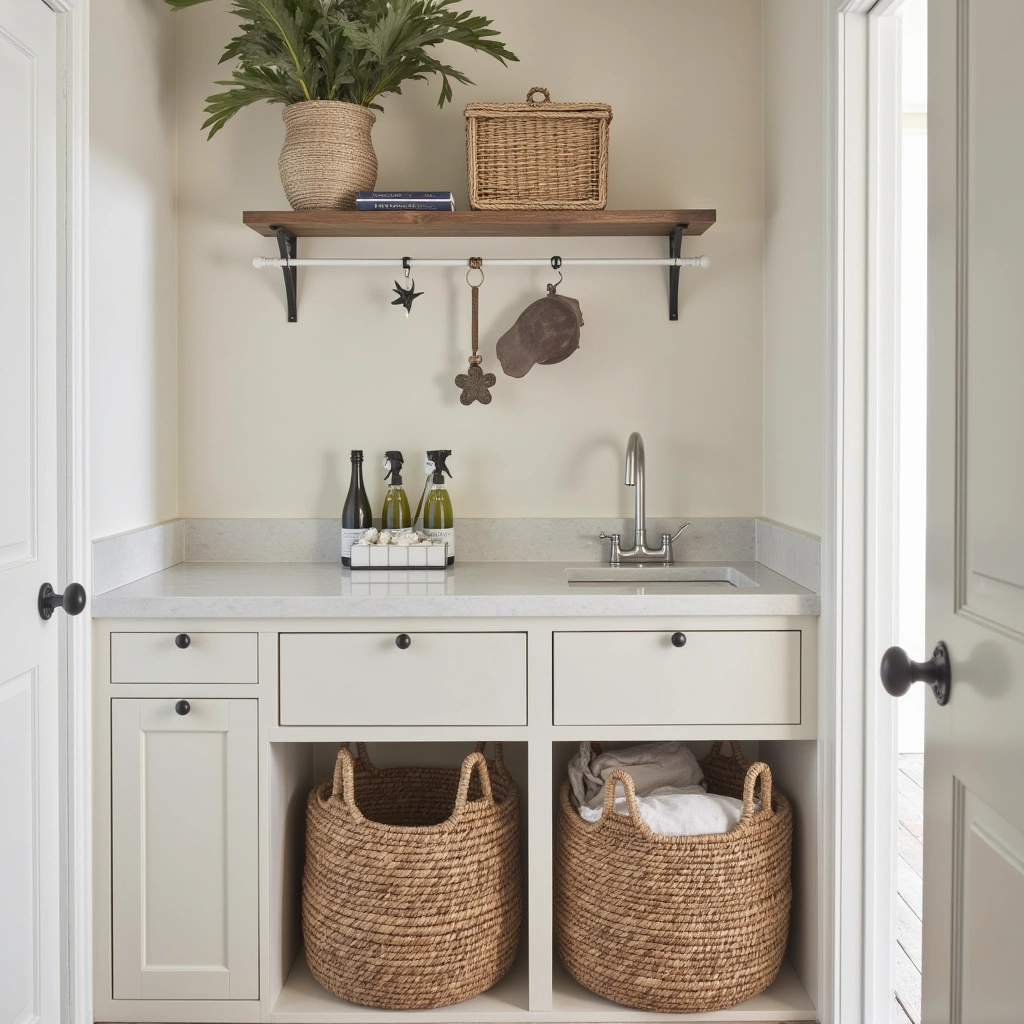 9. Woven Baskets and Metal Hampers for Charming Storage