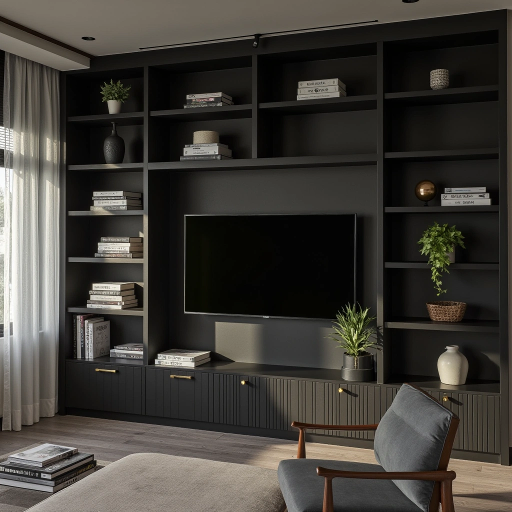 3. Black Built-In Shelves to Showcase Personality