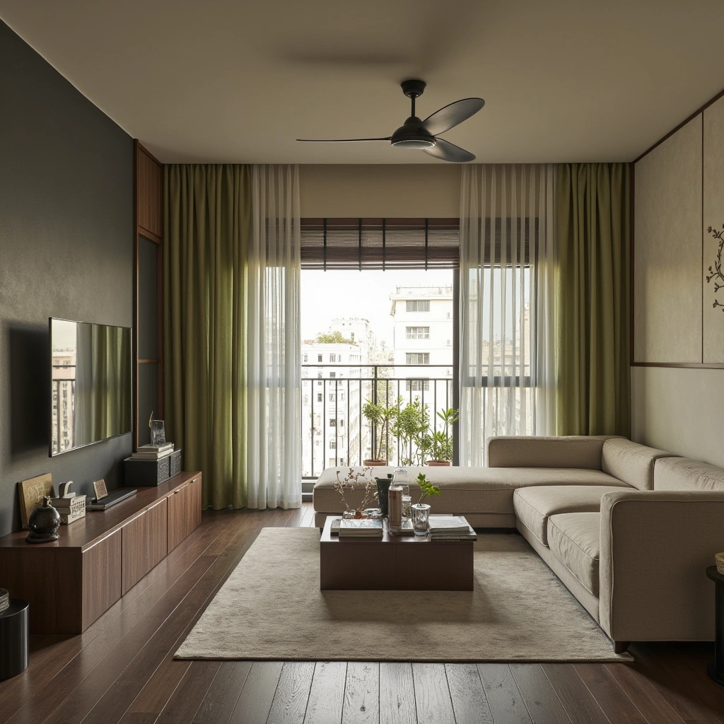 3. Olive Green Curtains and Dark Wood Flooring