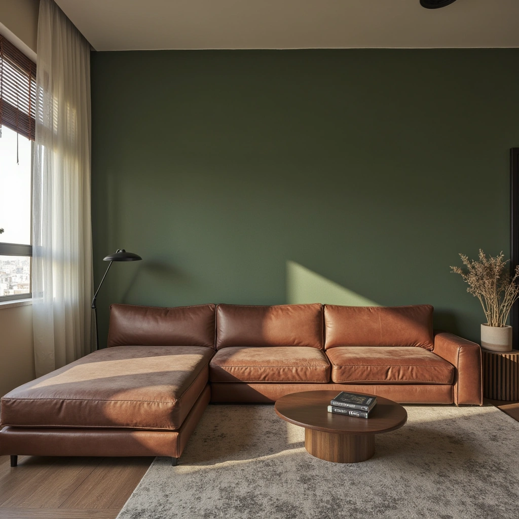 4. Moss Green Accent Wall with Brown Leather Sectional