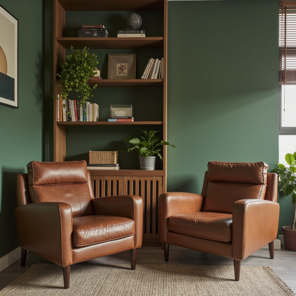 12. Brown Leather Recliners with Green Accent Walls and Natural Wood Shelves